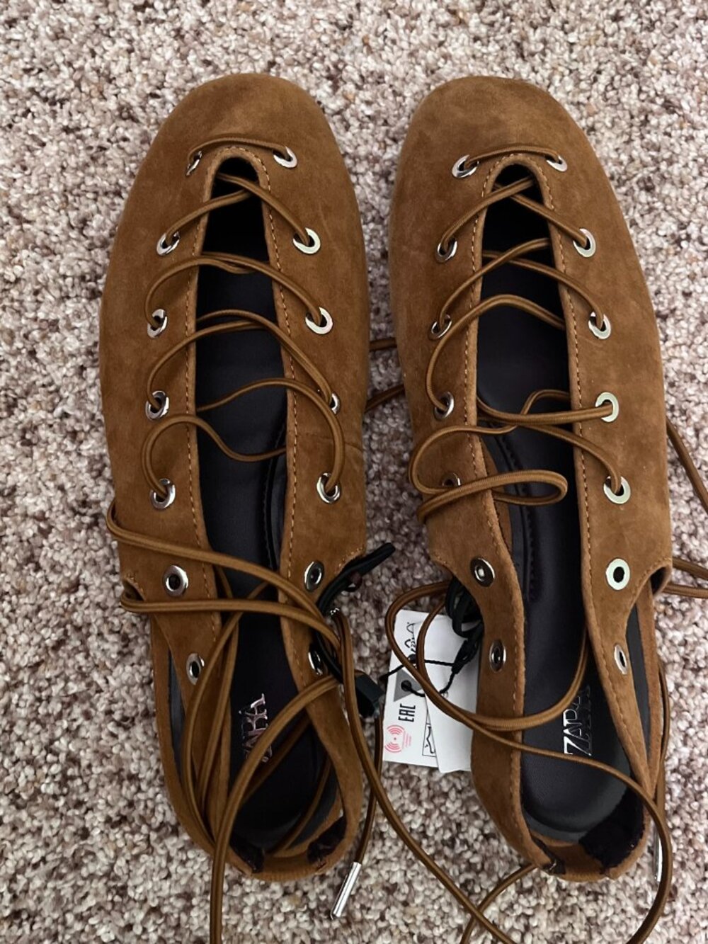 ZARA Dark Tan Suede Slingback Ballet Flats Lace Up Eyelet Shoes Size 6 NWT Chic - Picture 3 of 10